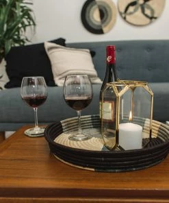 UGANDA Opal Gray Color Blocked Raffia Tray HOME 12 UGANDA Opal Gray Color Blocked Raffia Tray HOME