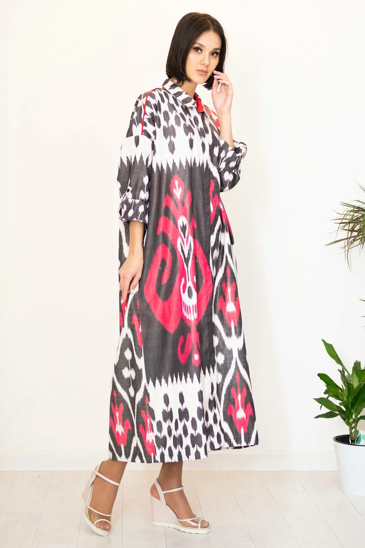 UZBEKISTAN Maxi Ikat Combo Shirt Dress CLOTHING 3 UZBEKISTAN Maxi Ikat Combo Shirt Dress CLOTHING