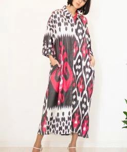 UZBEKISTAN Maxi Ikat Combo Shirt Dress CLOTHING