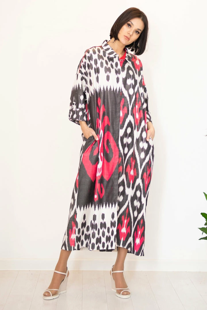UZBEKISTAN Maxi Ikat Combo Shirt Dress CLOTHING 4 UZBEKISTAN Maxi Ikat Combo Shirt Dress CLOTHING