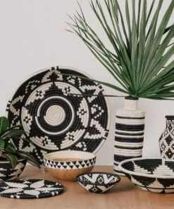 RWANDA Black + White Beaded Wooden Bowl II