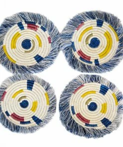 RWANDA Fringed Blue Night Festival Geo Coasters, Set Of 4 HOME