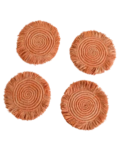 UGANDA Peach Fringed Raffia Drink Coasters, Set Of 4 HOME