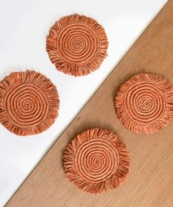 UGANDA Peach Fringed Raffia Drink Coasters, Set Of 4 HOME