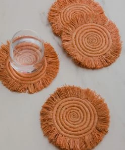 UGANDA Peach Fringed Raffia Drink Coasters, Set Of 4 HOME