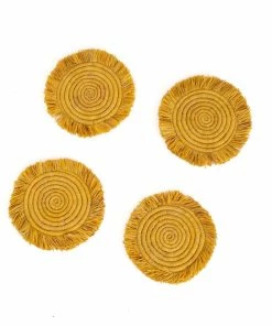 UGANDA HOME Sunset Fringed Raffia Drink Coasters, Set Of 4