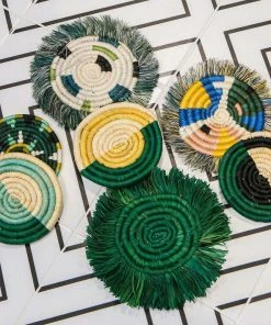 UGANDA Evergreen Fringed Raffia Coasters, Set Of 4