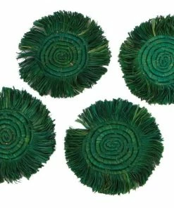 UGANDA Evergreen Fringed Raffia Coasters, Set Of 4