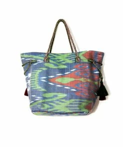 UZBEKISTAN Expandable Ikat Bag With Tassels Green