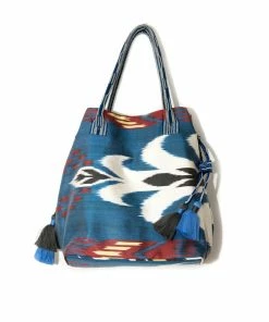 UZBEKISTAN Expandable Ikat Bag With Tassels Blue Red BAGS