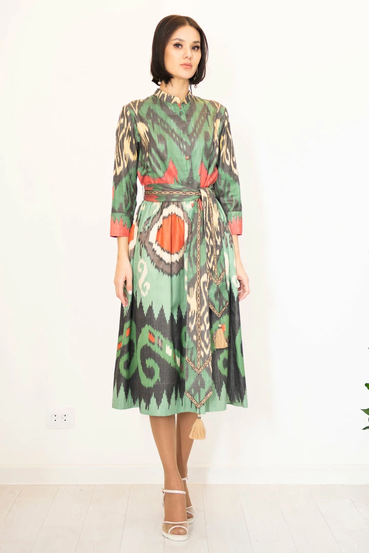 UZBEKISTAN CLOTHING Ikat Shirt Dress With Sash 3 UZBEKISTAN CLOTHING Ikat Shirt Dress With Sash