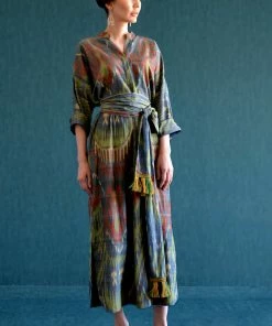 UZBEKISTAN CLOTHING Ikat Kaftan Dress With Fringed Belt