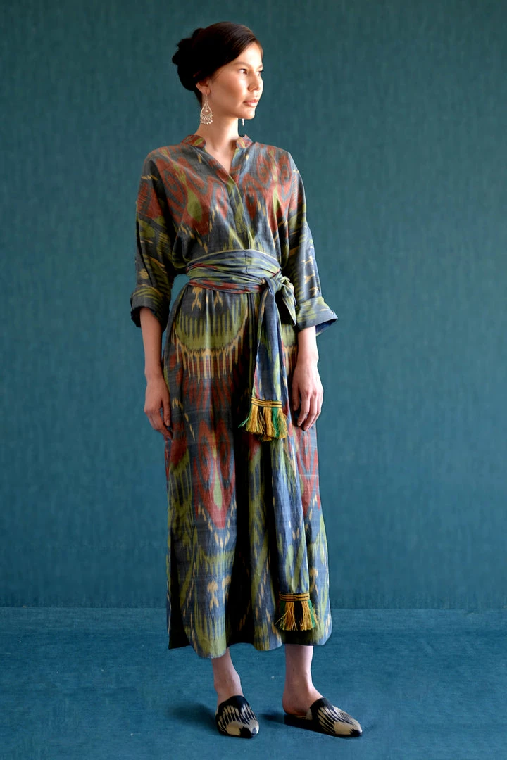 UZBEKISTAN CLOTHING Ikat Kaftan Dress With Fringed Belt 3 UZBEKISTAN CLOTHING Ikat Kaftan Dress With Fringed Belt