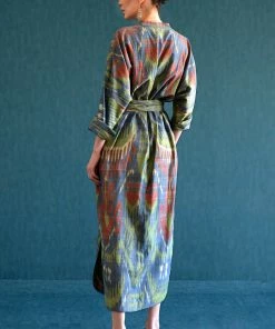 UZBEKISTAN CLOTHING Ikat Kaftan Dress With Fringed Belt