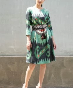 UZBEKISTAN Ikat Dress With Embroidered Belt
