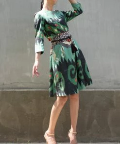 UZBEKISTAN Ikat Dress With Embroidered Belt