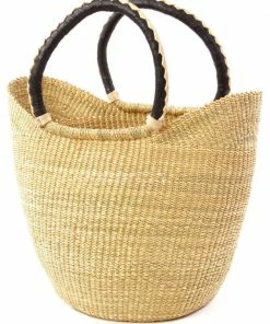 Natural Ghanaian Wing Shopper With Black Leather Handles