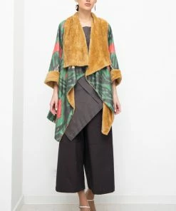 UZBEKISTAN Asymmetric Ikat Jacket With Fleece Green CLOTHING