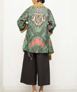 UZBEKISTAN Asymmetric Ikat Jacket With Fleece Green CLOTHING