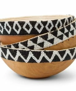 RWANDA Black + White Beaded Wooden Bowl II