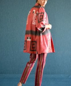 UZBEKISTAN Long Shawl Collar Ikat Jacket CLOTHING