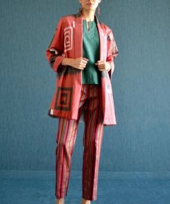 UZBEKISTAN Long Shawl Collar Ikat Jacket CLOTHING