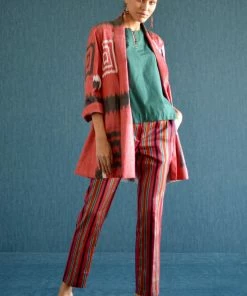 UZBEKISTAN Long Shawl Collar Ikat Jacket CLOTHING