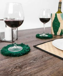 UGANDA Evergreen Fringed Raffia Coasters, Set Of 4