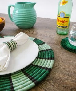 UGANDA Evergreen Fringed Raffia Coasters, Set Of 4
