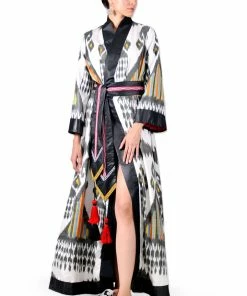 UZBEKISTAN CLOTHING Maxi Ikat Wrap Robe With Sash