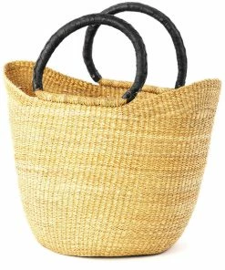 Natural Ghanaian Wing Shopper With Black Leather Handles