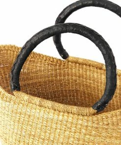 Natural Ghanaian Wing Shopper With Black Leather Handles