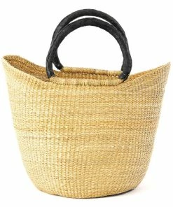 Natural Ghanaian Wing Shopper With Black Leather Handles