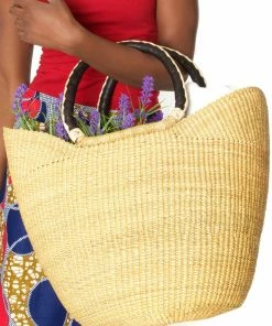 Natural Ghanaian Wing Shopper With Black Leather Handles