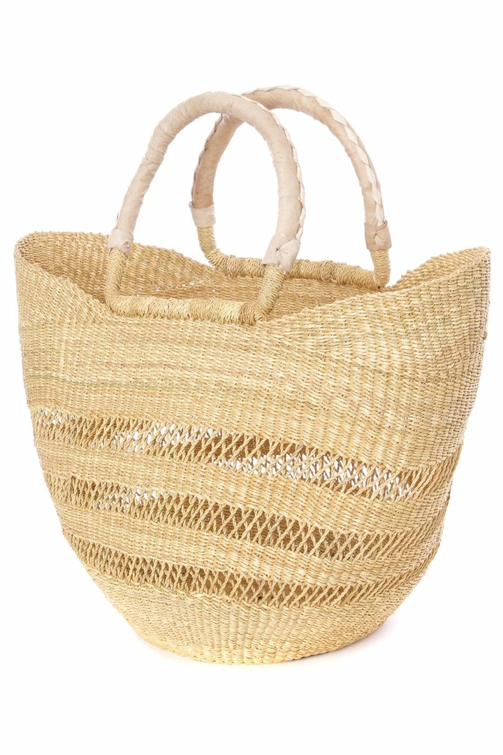 Natural Ghanaian Lacework Wing Shopper With Dye-Free Leather Handles BAGS 4 Natural Ghanaian Lacework Wing Shopper With Dye-Free Leather Handles BAGS